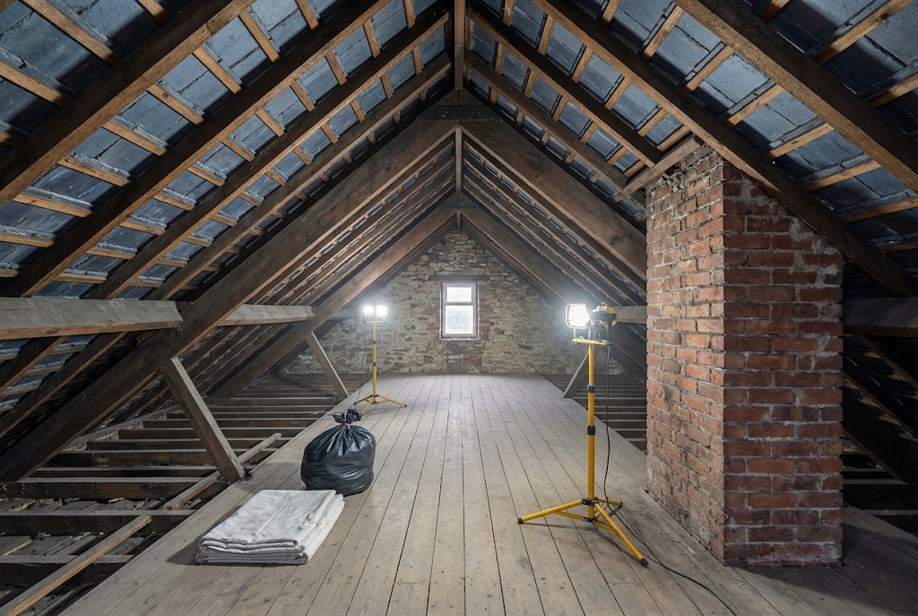 A roof space cleared back to bare timber.